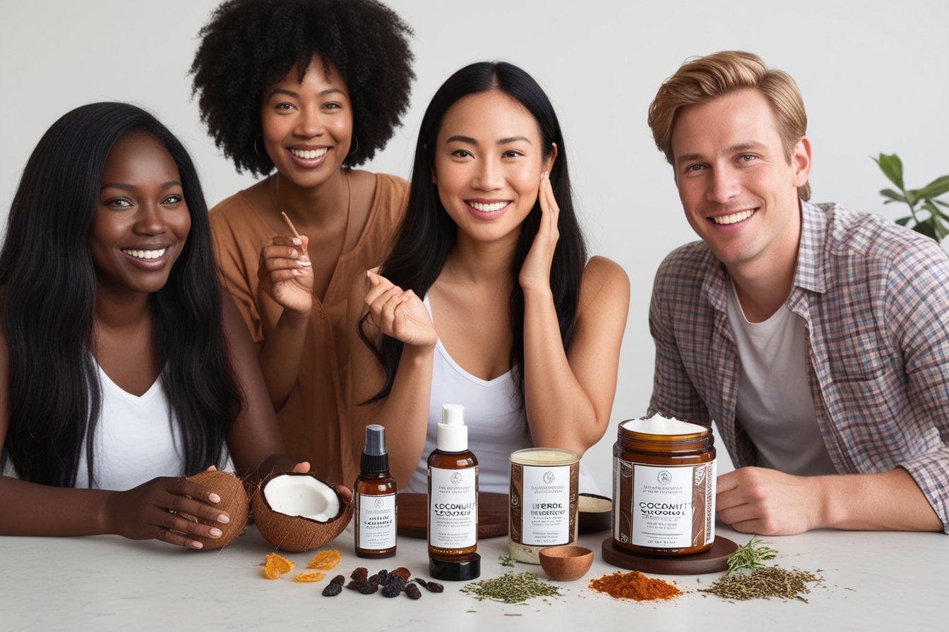 5 people, one black woman, one Asian woman with long and thick hair, one white woman doing skin care, one Mexican guy, one European guy blond hair. happy with natural products. coconut, dried fruit. herbs