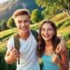 7Ray, senikma, happy, healthy young man and young women, European, white skin, Happy and healthy lifestyle, in a land full of green, enjoying