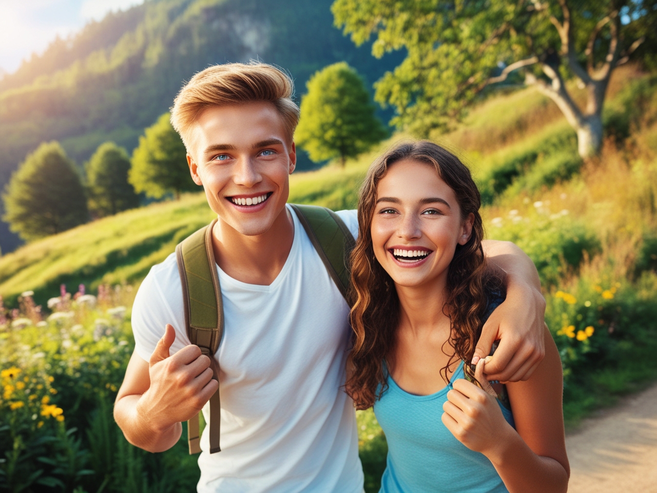 7Ray, senikma, happy, healthy young man and young women, European, white skin, Happy and healthy lifestyle, in a land full of green, enjoying