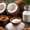 Coconut products including coconut oil, desiccated coconut, coconut milk, and coconut sugar displayed on a wooden table.